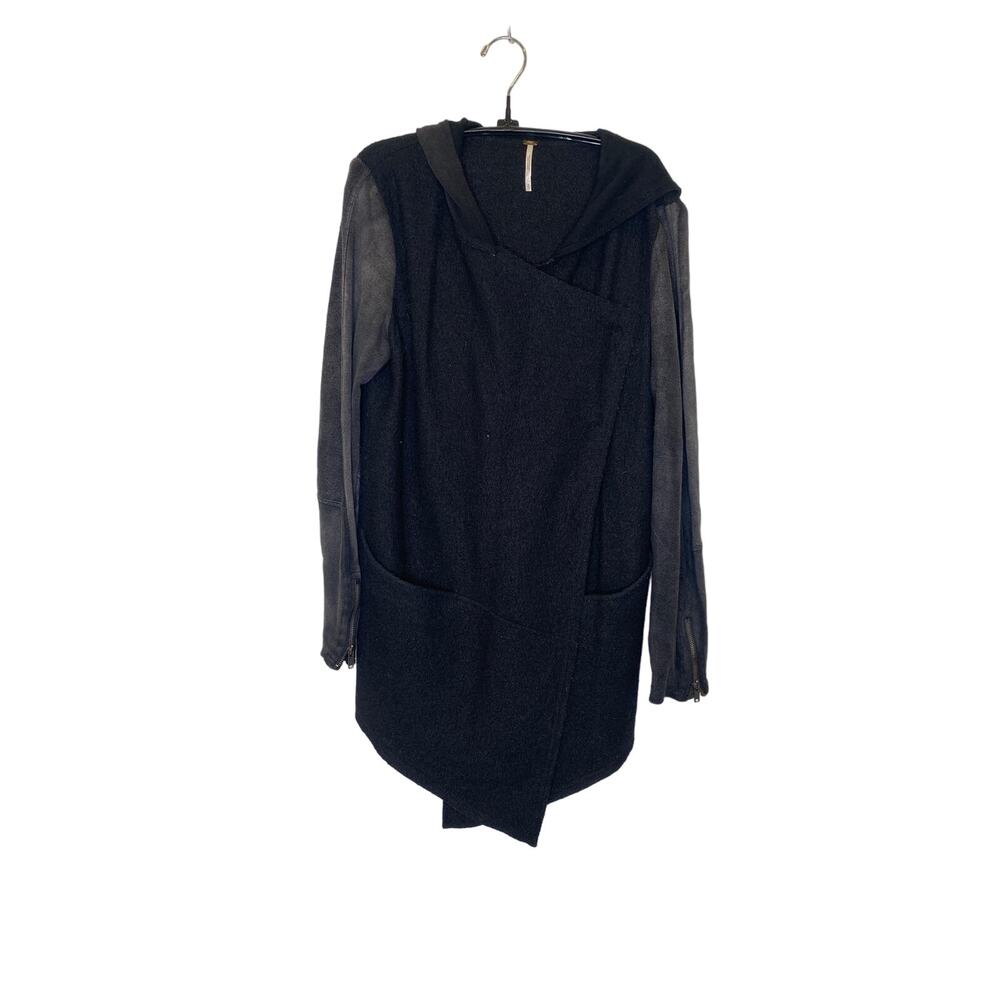 Free People Black Wool Snap Closure Hooded Military Jacket Oversized Sz Sm